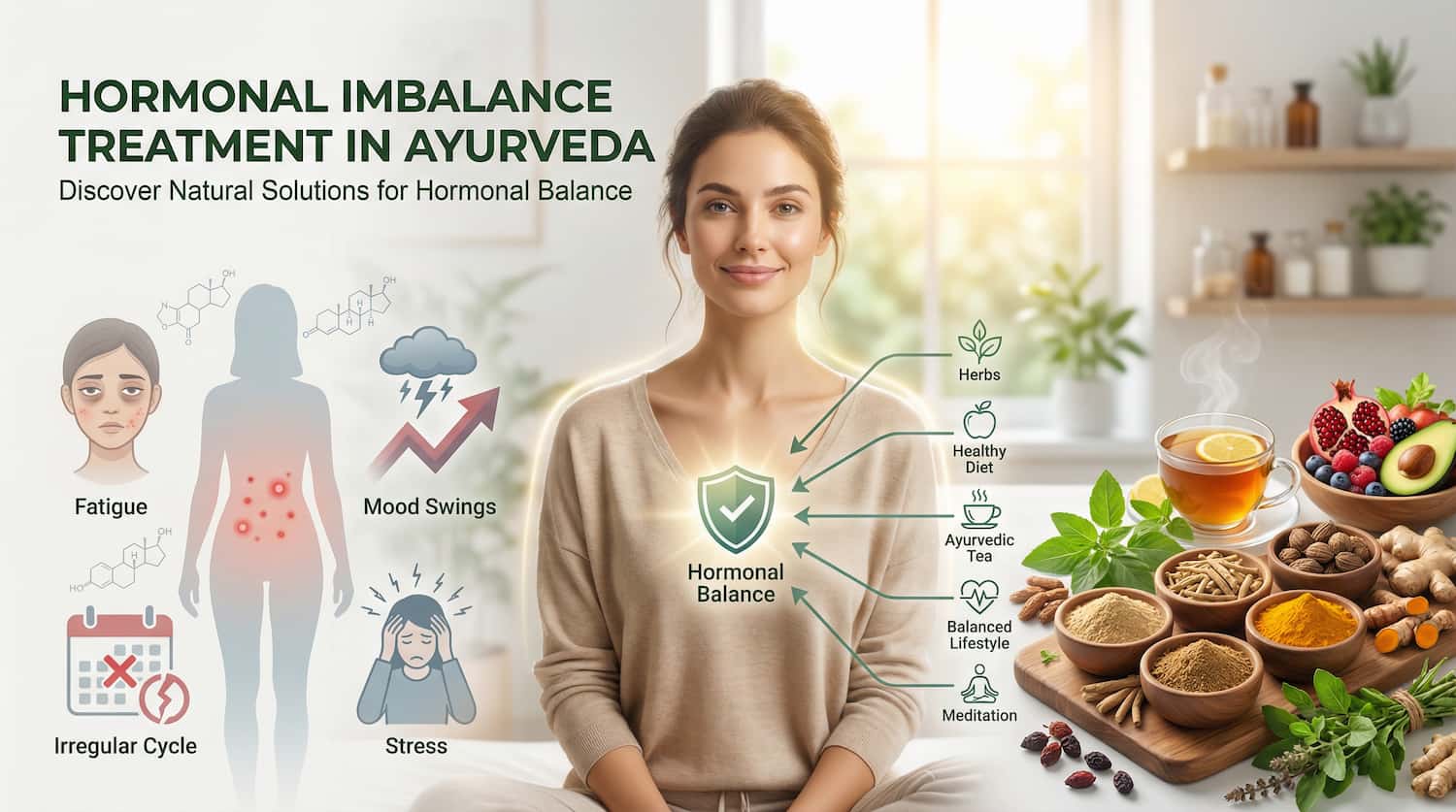 Hormonal Imbalance Treatment in Ayurveda and the Natural Secrets to Balance Hormones Hormonal imbalance treatment in Ayurveda showing symptoms and natural solutions like herbs, Ayurvedic diet, tea, and healthy lifestyle