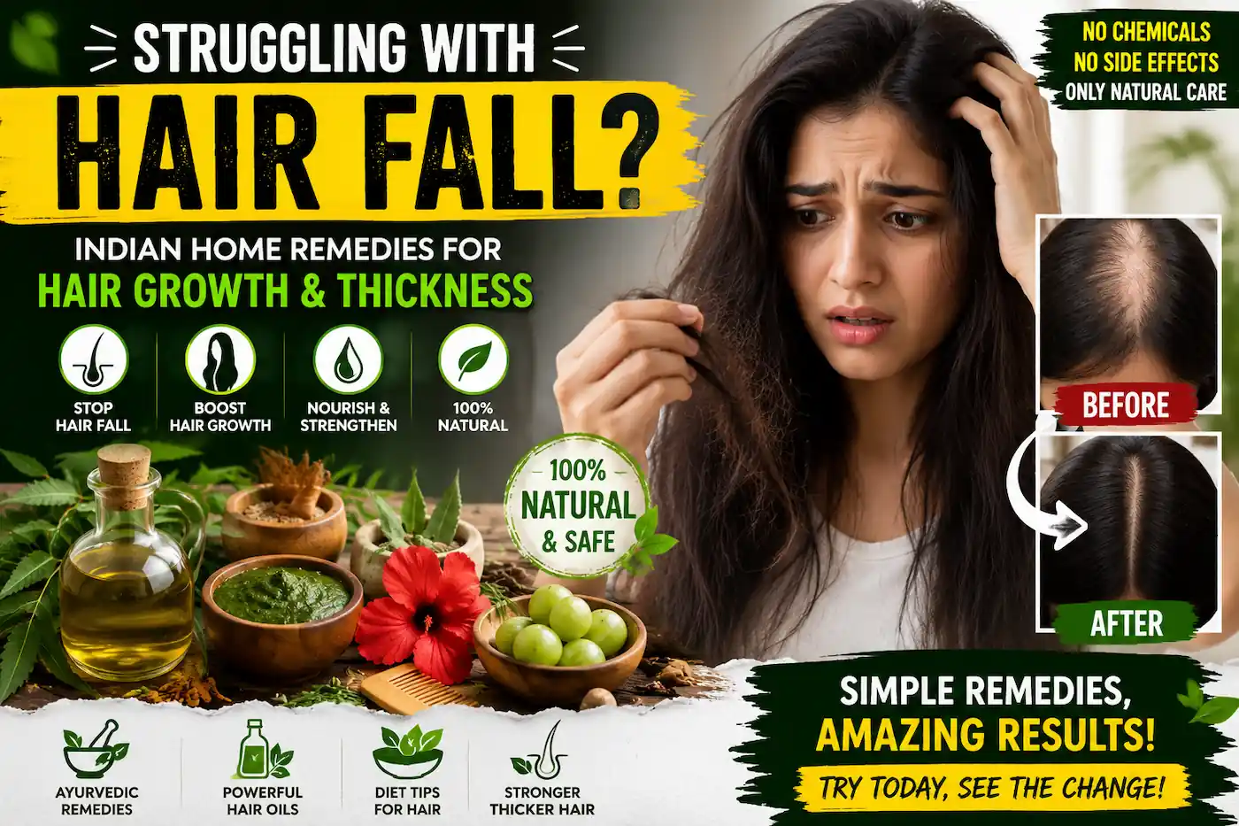 Indian Home Remedies for Hair Growth and Thickness | Natural Methods That Actually Work Indian home remedies for hair growth and thickness naturally with Ayurvedic oils, hair fall remedies, healthy hair tips, and natural ingredients for stronger thicker hair.