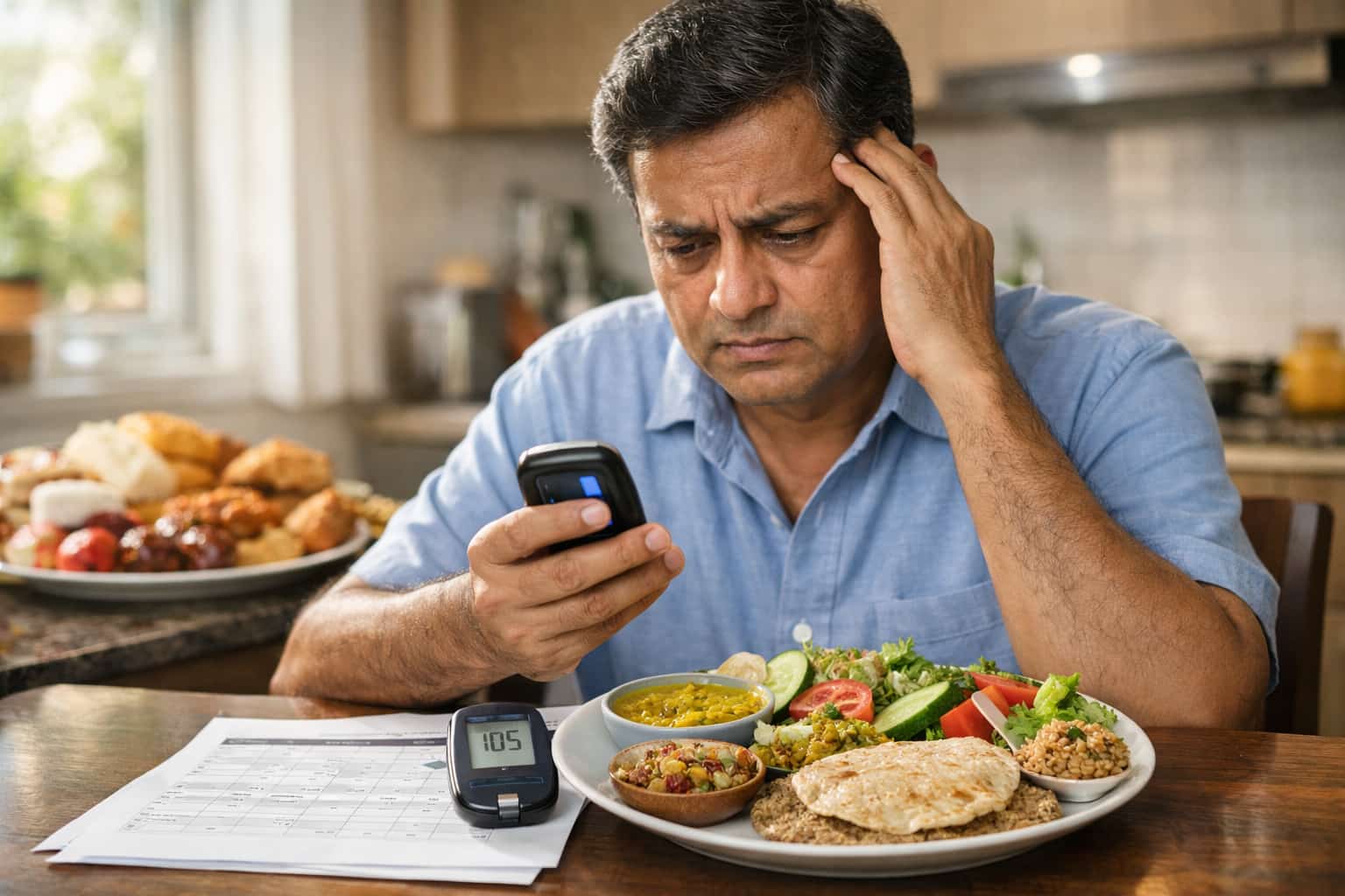 Indian Vegetarian Diet Chart for Diabetic Patient | 7 Day Meal Plan to Control Blood Sugar Naturally Indian vegetarian diet chart for diabetic patient showing a healthy 7 day meal plan with roti, lentils, vegetables and salad for better blood sugar control