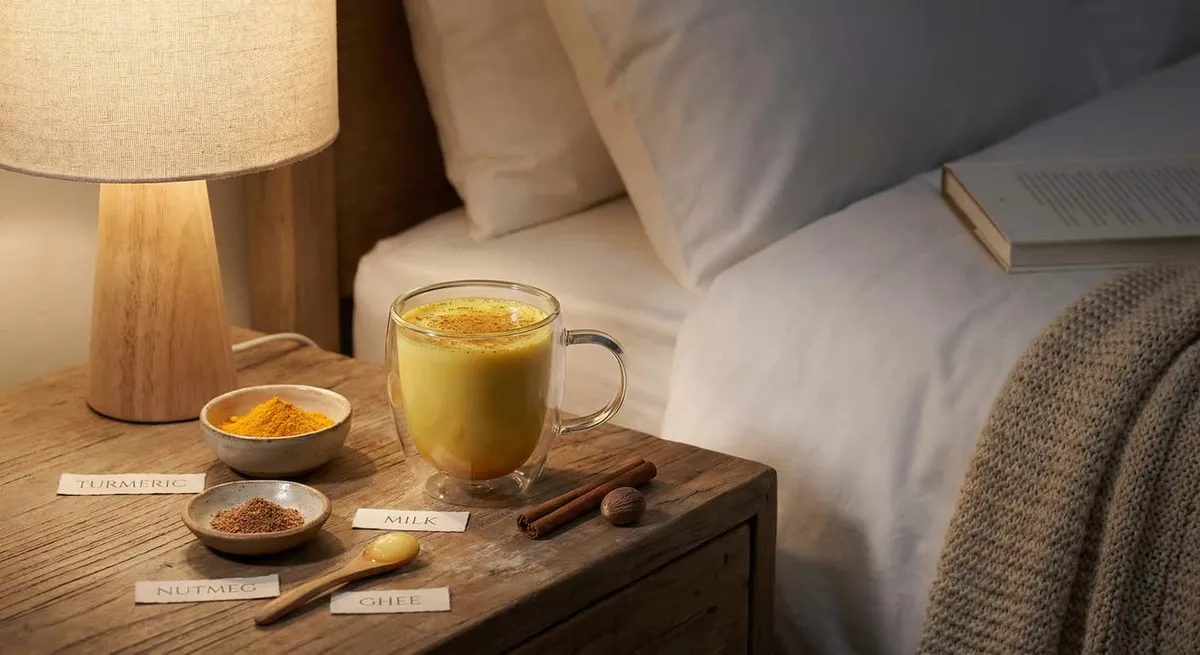 Ayurvedic recipe for insomnia showing golden sleep milk with turmeric, nutmeg and ghee for better sleep
