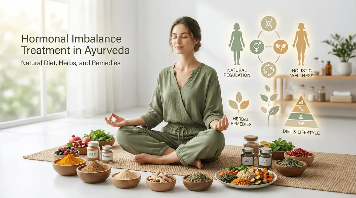 Best Ayurvedic herbs for hormonal imbalance showing natural treatment with ashwagandha turmeric ginger tulsi healthy diet and herbal remedies for hormone balance