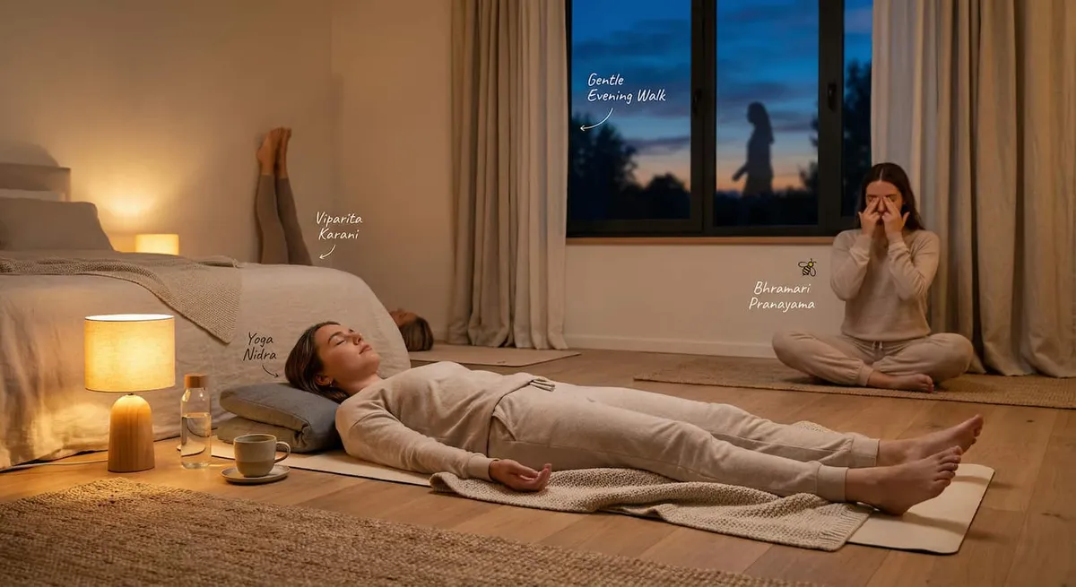 Best exercise for insomnia showing yoga poses like Yoga Nidra, Viparita Karani and Bhramari pranayama to improve sleep and reduce anxiety
