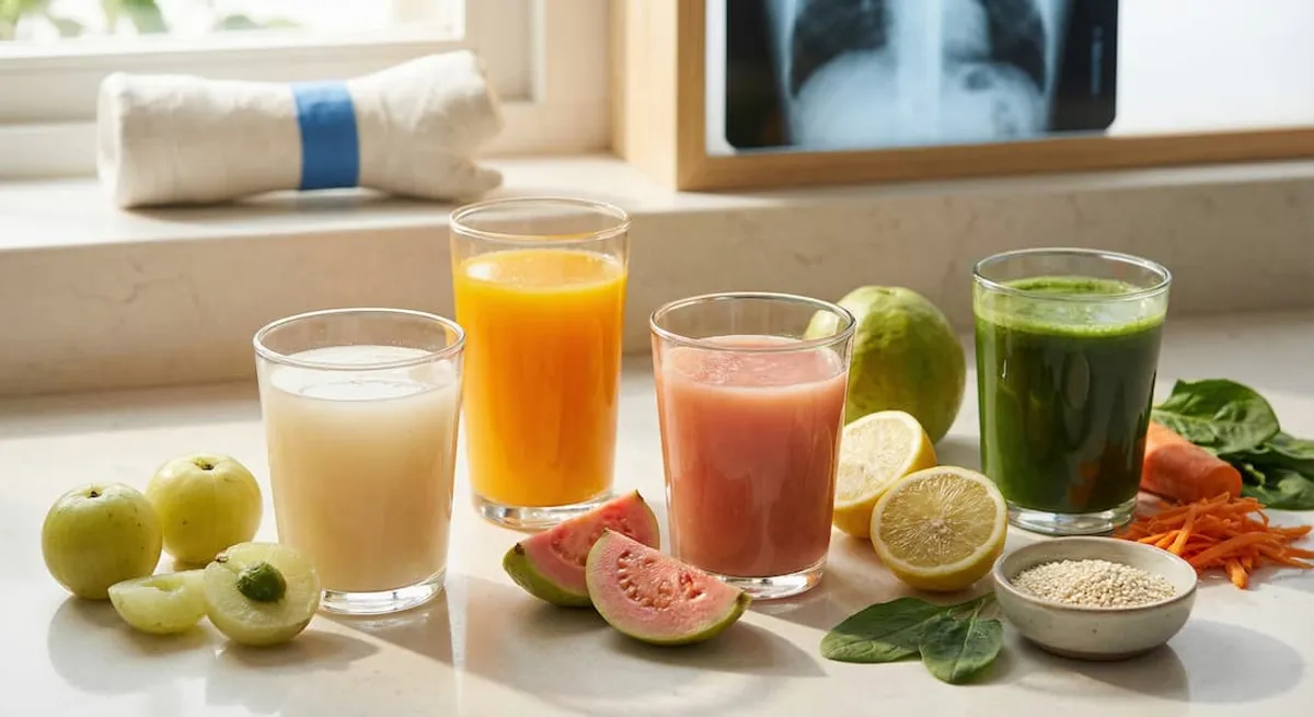 Fresh amla, guava, orange and spinach juices displayed on a counter as best juice for bone healing
