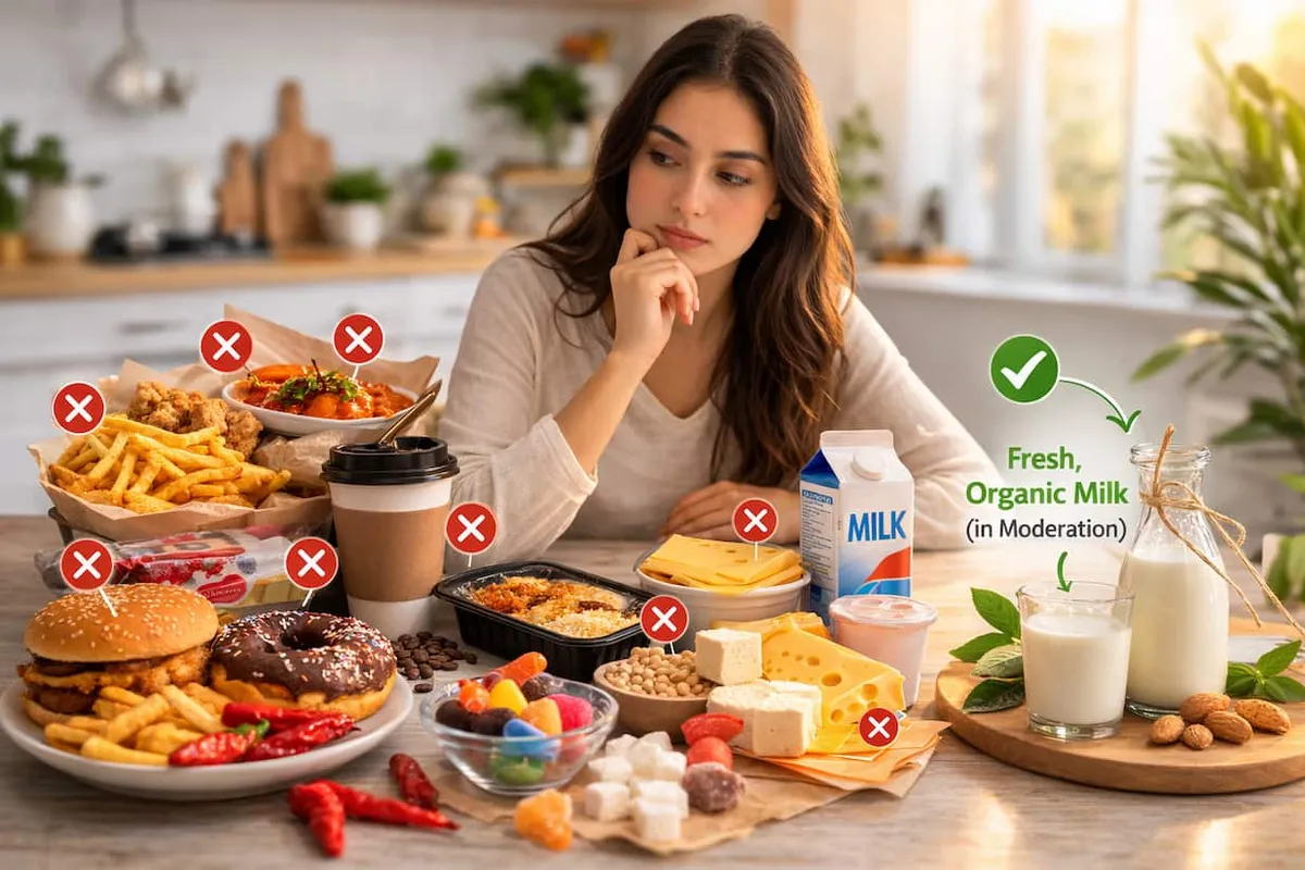 Foods to avoid for hormonal imbalance showing fried foods sugary snacks caffeine processed dairy soy products and packaged meals affecting hormone balance