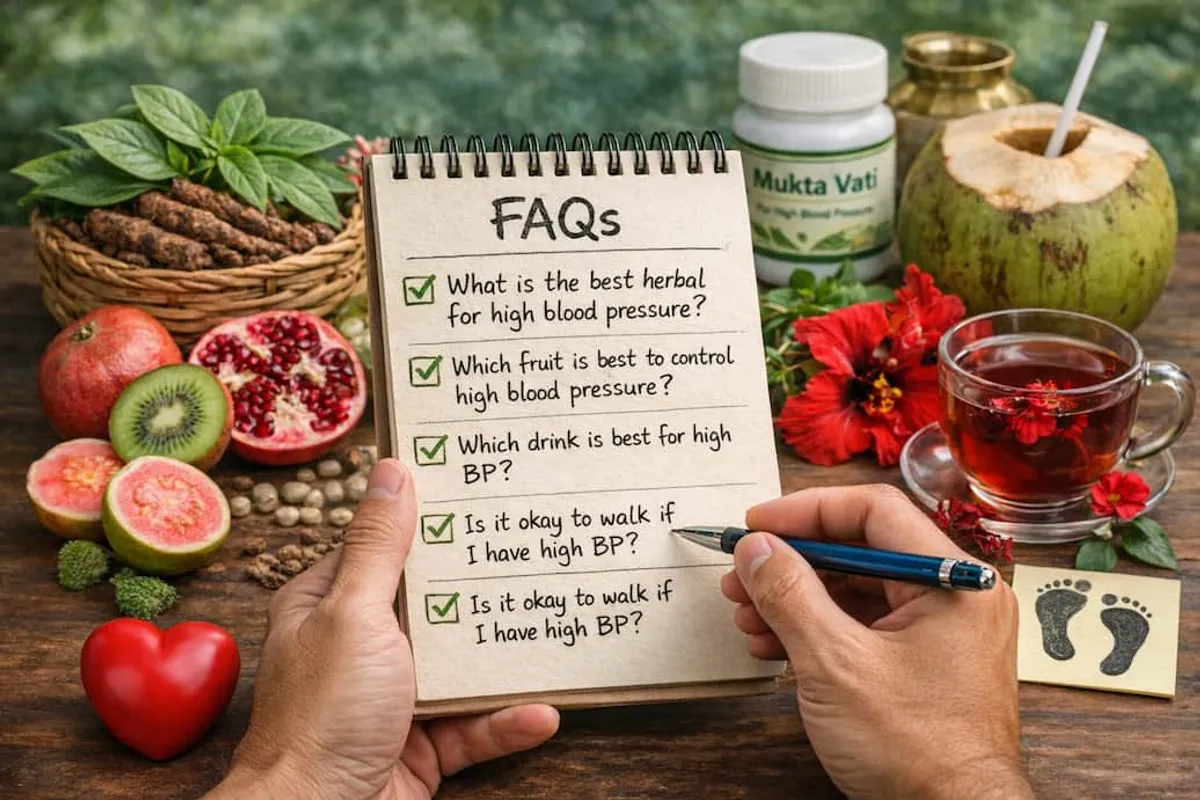 Ayurvedic high blood pressure FAQ with natural herbs, fruits and healthy drinks in a realistic setting