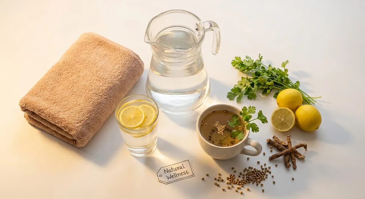 Lemon juice and kidney stones myth explained with natural home remedies setup including lemon water, coriander tea and hydration tips