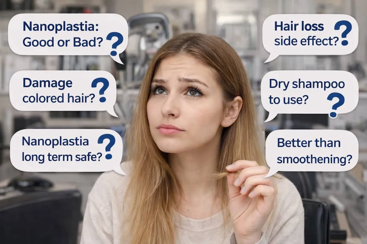 Nanoplastia hair treatment FAQs showing concerns about hair loss side effects, thin hair safety, dry shampoo use, colored hair damage and long term effects