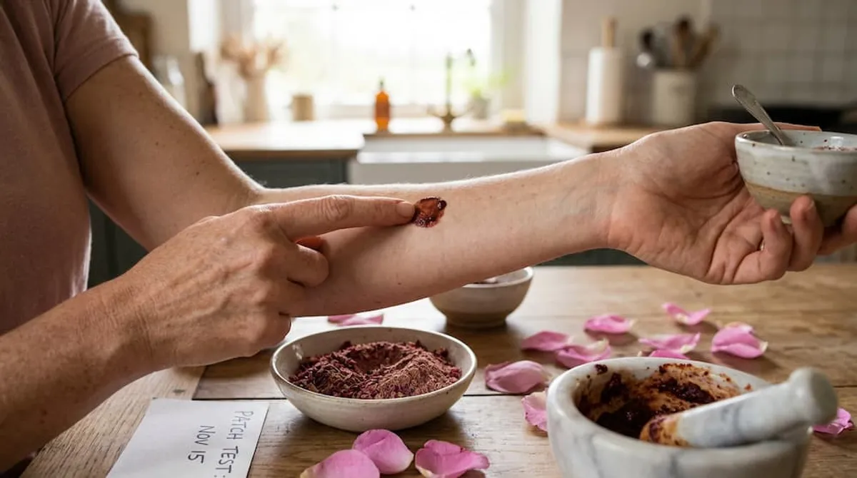 Rose Petal Powder Side Effects patch test on arm, showing how to safely check for allergy and enjoy the benefits of rose petal powder for skin