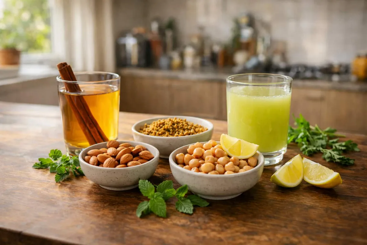 What foods lower blood sugar immediately showing cinnamon water, soaked almonds, fenugreek seeds, amla juice and boiled chickpeas in an Indian kitchen