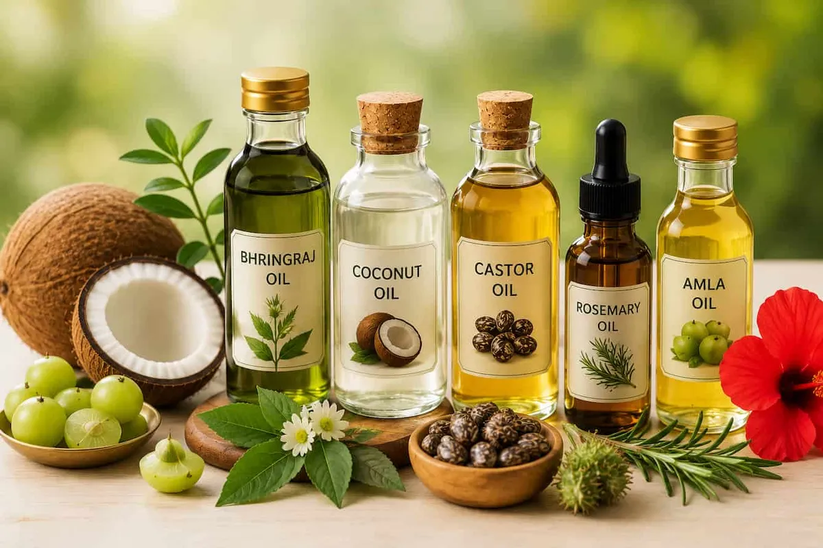Which oil is best for hair growth and thickness featuring bhringraj oil, coconut oil, castor oil, rosemary oil, and amla oil for natural hair growth and strong thick hair