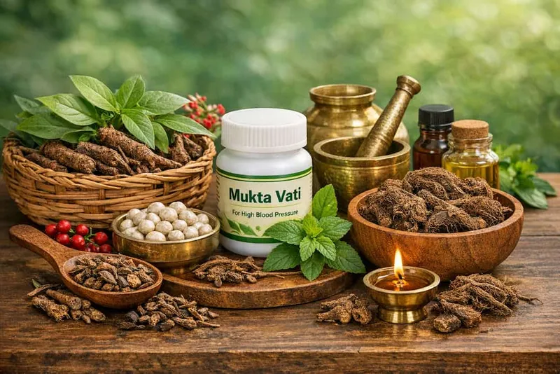 Best Ayurvedic medicine for high blood pressure with Mukta Vati, herbs and natural treatment setup