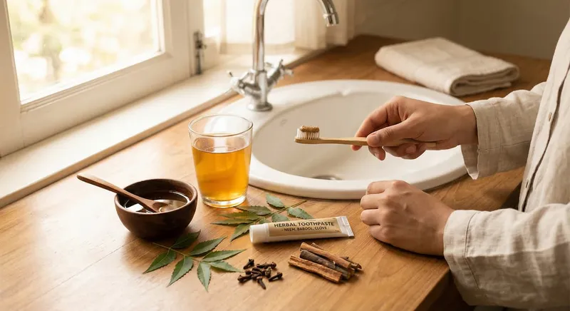 How to clean teeth as per Ayurveda using herbal toothpaste, oil pulling and Triphala rinse