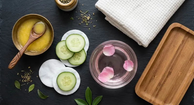 Simple home remedies for dry eyes using Ayurveda items like ghee, cucumber slices and rose water displayed on a table for natural eye care
