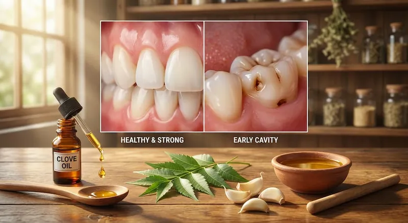 Stage 1 cavity on lower teeth showing early white or brown spots on enamel with healthy gums, illustrating early dental decay