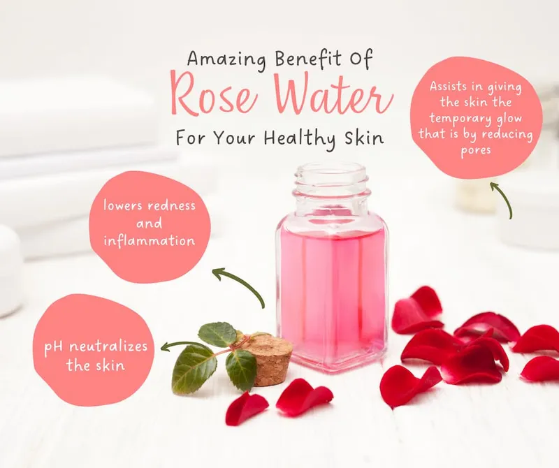 What are the benefits of rose powder drinks for skin, shown with rose water bottle and petals