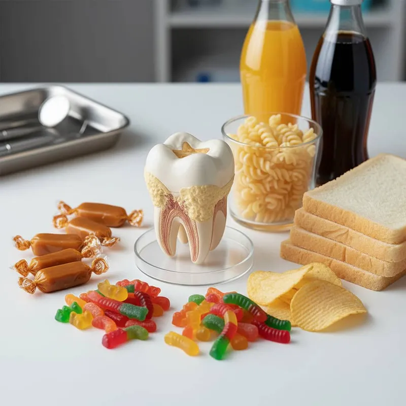 What food is the main cause of cavities showing sugary snacks, candies, soda, white bread and chips that damage teeth