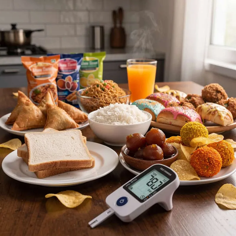 What foods to avoid with diabetes showing sweets, white bread, fried snacks, sugary juice and processed foods that can raise blood sugar levels