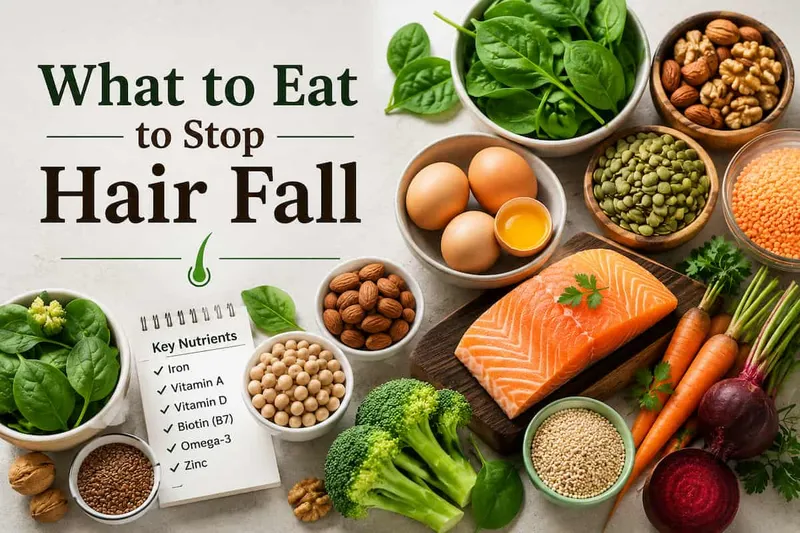 What to Eat to Stop Hair Fall naturally with healthy foods rich in iron, biotin, vitamin D, omega 3, zinc, eggs, spinach, nuts, salmon, seeds, and vegetables for strong healthy hair growth