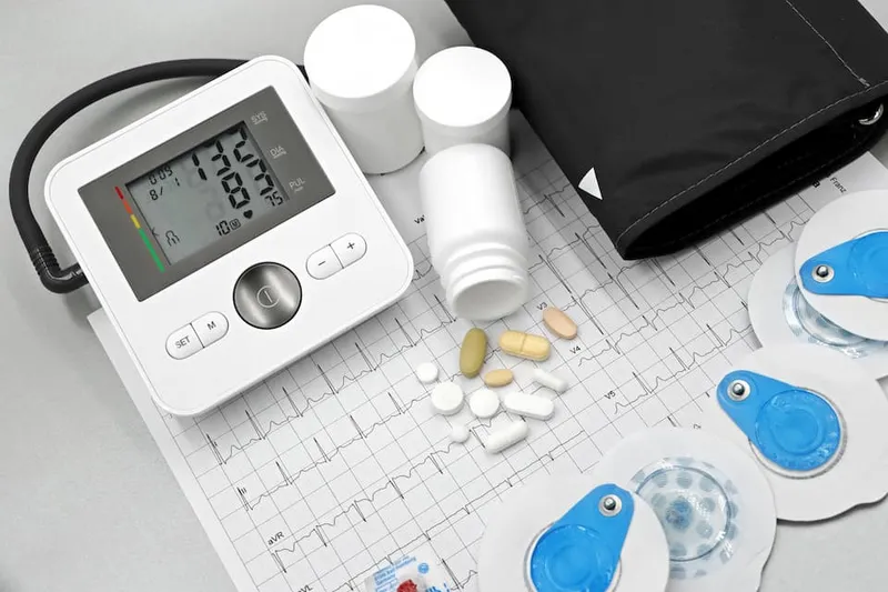 Blood pressure machine with pills and ECG report showing hypertension diagnosis and treatment