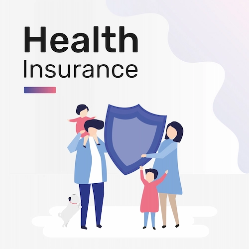 Illustration of a family holding a shield symbolizing health insurance and medical protection
