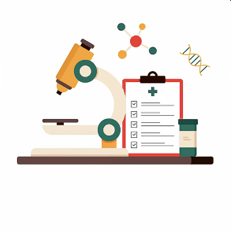 Microscope with medical checklist and lab test icons representing diagnostics and healthcare analysis