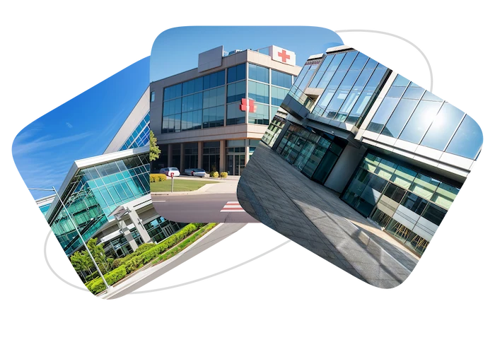 Modern hospital buildings featured in a card for finding nearby medical facilities and care centers