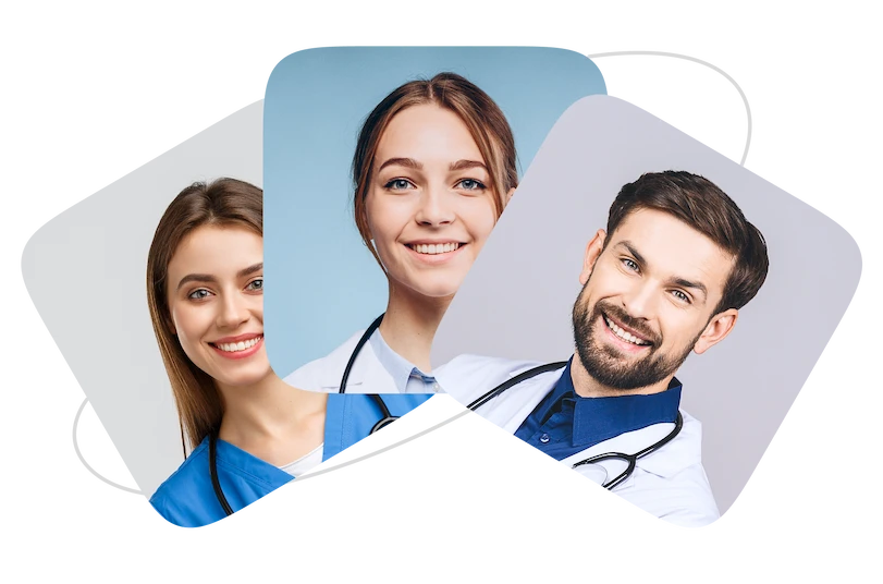 Smiling male and female doctors displayed on a card for finding trusted healthcare professionals