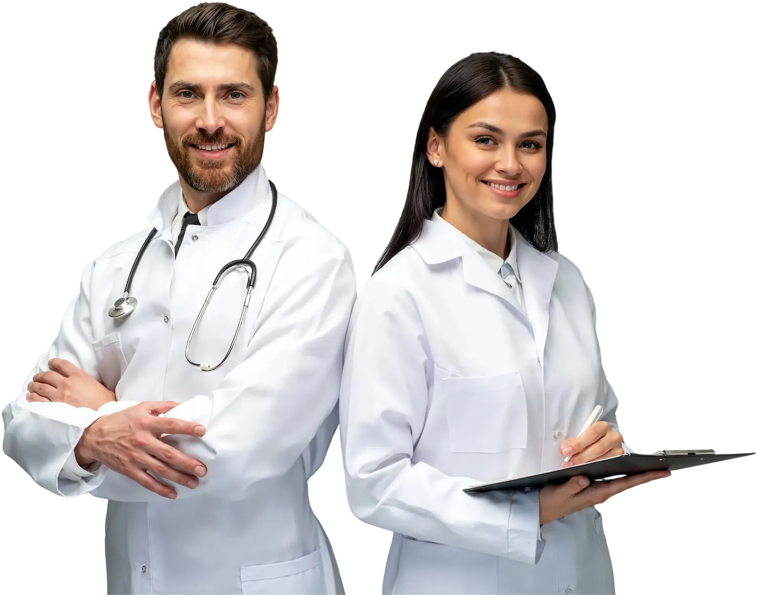 Confident male and female doctors ready for online medical consultation and healthcare services
